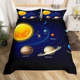 Loussiesd Planet Solar System Bedding Set Galaxy Space Duvet Cover for Kids Boys Girls Universe Comforter Educational Planetary Orbit Decor Quilt with 1 Pillowcase 2Pcs Single, Multicoloured 15630
