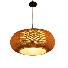 KOLHGNSE Bamboo Pendant Light, Natural Rattan Hanging Lamp Adjustable Cord E26 Base Indoor Ceiling Lighting Fixture Farmhouse Bohemian Decor