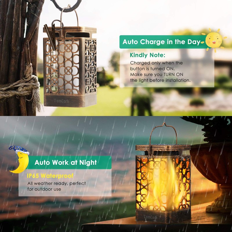 TomCare Solar Lights Upgraded Solar Lantern Flickering Flame Outdoor Hanging