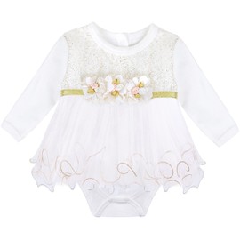 Taffy Baby Girl Newborn Gold Glitter Floral Short Sleeve Unique Tutu Bodysuit (0-3 Months, Long Sleeve)