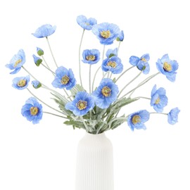 Prakilom Artificial Poppy Flowers (6 Stems, Blue), Silk Bouquets for Home Decor, Wedding, Table Centerpiece and Party Events, DIY Faux Floral Arrangements YS2