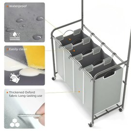 ROMOON Rolling Laundry Basket Organizer with Hanging Clothes Rack: 4 Section Laundry Hamper Sorter with Hanging Bar and Heavy-duty Lockable Wheels - Clothes Rack with Laundry baskets, 2025 Upgrade
