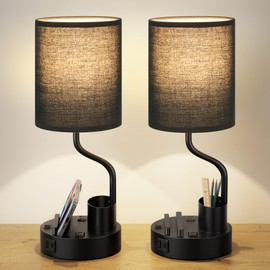 Black Bedside Table Lamps for Bedroom Set of 2 - Nightstand Light with AC Outlet and USB A & C for Charging, 3 Color Temperatures Desk Lamp with Pen Holder & Phone Stand for Living Room/Dorm/Office