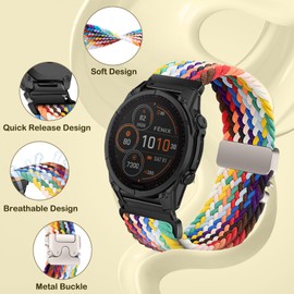 SeNool QuickFit 26mm Straps for Garmin Fenix 8 51mm/Fenix 7X Pro Solar/Fenix 7X/Fenix 6X/Fenix 6X Pro, Nylon Braided Wristbands Watch Band for Garmin Enduro 3/Tactix 7 Amoled/Descent Mk3i-Rainbow