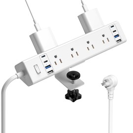 40W Fast Charging Station,Desk Clamp Power Strip 20W USB C,8 Outlets,8 USB Ports,4 USB C and 4 USB A, Office Furniture Surge Protector, 14AWG Cord, Fits 1.9" Tabletop Edge (White, 10FT Length)