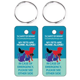 TLC Safety By Design 2 Pk. Key Tags and Keychain Rings Trademarked My Pets Dogs Cats are Home Alone Alert Emergency Medical ICE ID Plastic with Emergency Contact Call Card (Qty. 1)
