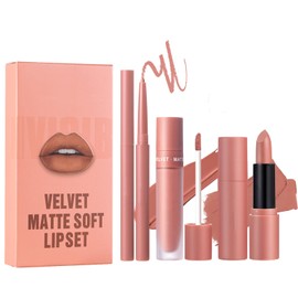 Matte Nude Lipstick Set - 3PCS Lipstick Long Lasting Lipliner Pencil - All-IN-One Lip Filler Lip Gloss Liquid Lip Stick Kit - Lip Liner Set Lip Makeup Kits for Women Girls Daily Makeup