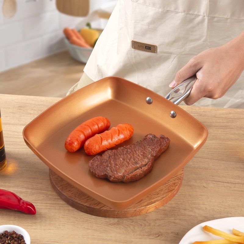 Toutrop Non-Stick Copper Square Frying Pan, 9.5" Chef Skillet with