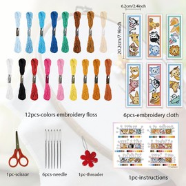 ORIGACH Set of 6 Animals Bookmarks, Cross Stitch Kits with Instructions, Pre-Printed Bookmark, Cross Stitch Set for Adults, 20 x 6 cm
