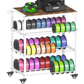3D Printer Stand with Filament Storage Rack, 3-Tier Rolling Spool Holder Table Cart with Wheels, Heavy Duty Metal Filaments Organizer Desk Shelf for Printing Studio Office Workshop, White