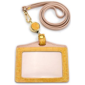 Factory Zen Sakura ID Card Holder, Genuine Leather, Pass Case, With Reel, Ladies' ID Case, Commuter Passage, Employee ID Holder, Case, yellow