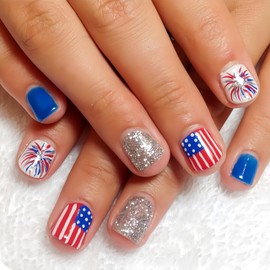 24 Pcs Independence Day Press on Nails Short Square Fake Nails American Flag Fireworks False Nails 4th of July Stick on Nails Silver Glitter Firework Patriotic Artificial Nail for Women Acrylic Nails