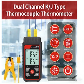 Thermocouple Thermometer, Digital Dual-Channel Thermometer(-328°F ~ 2501°F) with 1 HVAC Temperature Clamp and 2 Wired Thermocouple Probes, HVAC Temperature Meter with ADJ Compensation for K/J Type
