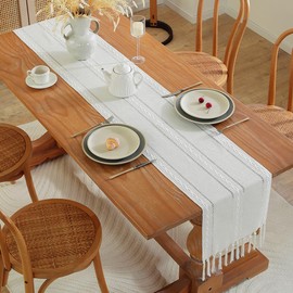 meioro Rustic Table Runner with Tassels, 33 x 143 cm, Country House Style, Boho Table Runner, Braided Striped, Linen, Polyester Table Decoration for Dining, Party, Holiday and Wedding (White)