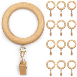 24 Pack of 2.5 Inch Wooden Curtains Rod Rings with Clips and Hooks, for 1-1.5 Inch Rod Pole, Wood Curtain Drapes Clip Ring, Hangers, Shower Curtains, Decor, and Drapery. (Natural Beechwood)