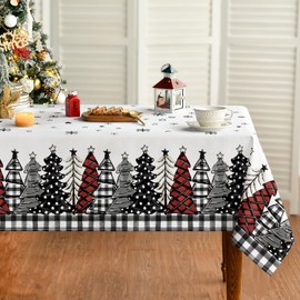 Horaldaily Christmas Tablecloth 60×60 Inch, Christmas Trees Buffalo Plaid Black Washable Table Cover for Party Picnic Dinner Decor