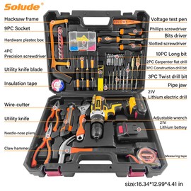 SOLUDE Tool Set with Drill,21V Cordless Power Drill Tool Box with 2 Battery,Electric Drill Driver with Basic Hand Tools for Home Repair and DIY Projects