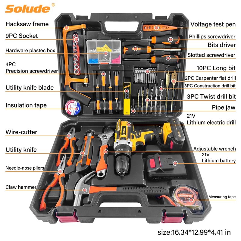 SOLUDE Tool Set with Drill,21V Cordless Power Drill Tool Box
