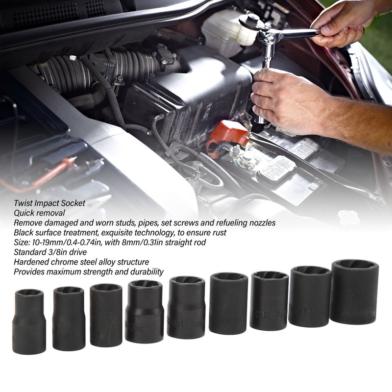 10PCS Twist Impact Socket with 8mm Straight Rod 3/8in Drive