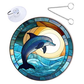 IMIKEYA 1 Set Dolphin Jumping Moon Wall Hanging Round Stained Acrylic Window Hanging Hand Painted Sun Catcher Panel with Metal Chain Home Decor Art Gift for Porch Door