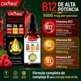 Gwynne Vitamina B12,b6 Y B1 Gotas Lquidas, Complejo B Sublingual,contiene Nicotinamida Y cido Flico,apoya La Salud Del Cerebro, El Corazn Y La Piel...