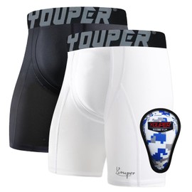 Youper Youth Boys Compression Sliding Shorts with Soft Protective Cup for Baseball Football Hockey (2-Pack) (X-Small, White/Black)