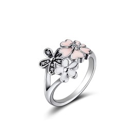 XIALV Fashion 925 Sterling Silver Plated Rings Pink White Enamel Blossom Flower Ring ，Women' Engagement Ring Jewelry Gift (US Code 9)
