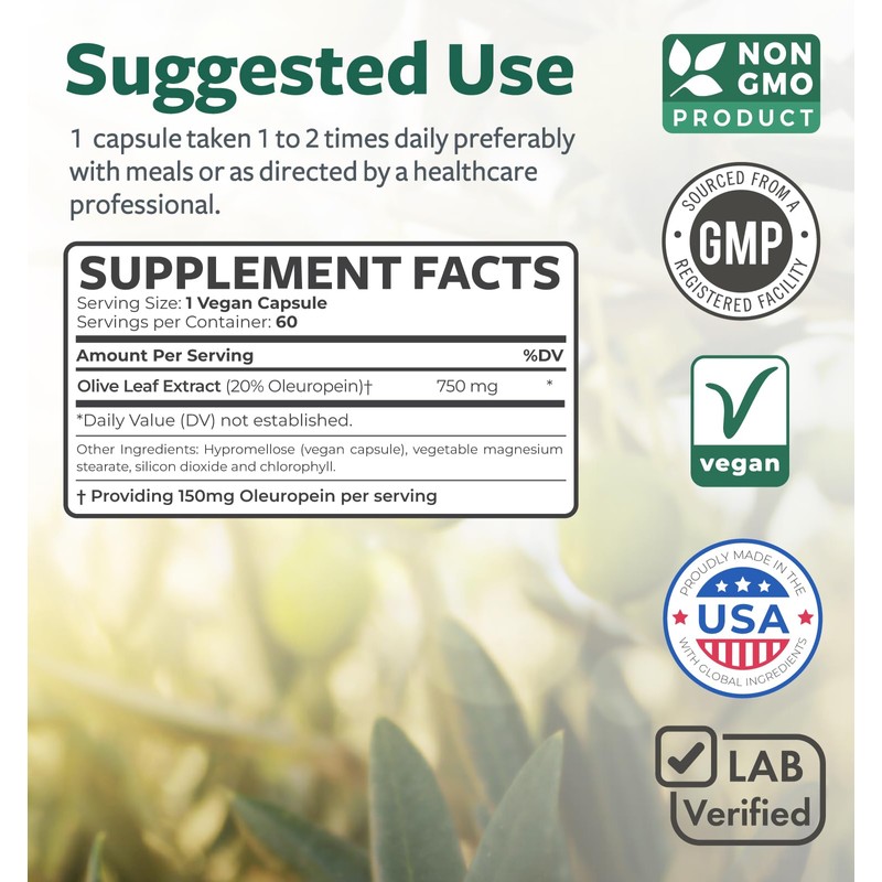Super Strength Olive Leaf Extract Capsules - Vegan Non-GMO 750mg
