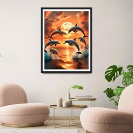 QINRUBB Dolphin Diamond Painting Adults, 5D Sunset Diamond Painting Pictures Beginners, DIY Sea Round Full Drill Diamond Painting Embroidery Cross Stitch Gifts Home Wall Decor 30 x 40 cm