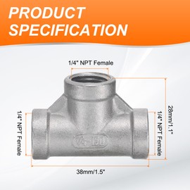 sourcing map Tee Pipe Fitting (1/4" x 1/4" x 1/4") NPT Female 304 Stainless Steel t Shaped 3 Way T-Connector for Industrial Connection Water Air Gas Oil Fuel