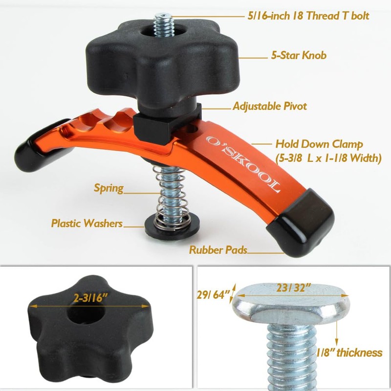 O'SKOOL Positionable T-Track Hold Down Clamp Kit, 5-3/8" L x