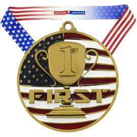 Decade Awards 1st Place Patriotic Engraved Medal, Gold - 2.75 Inch Wide First Place Medallion with Stars and Stripes American Flag V Neck Ribbon - Customize Now