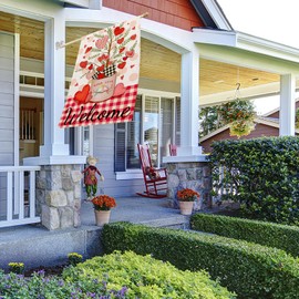 FUYUCHEN Valentines Day House Flag 28x40 Inch Double Sided Welcome Love Hearts Tree Floral Watercolor Checkered Outside for Rustic Anniversary Holiday Yard Outdoor Decoration