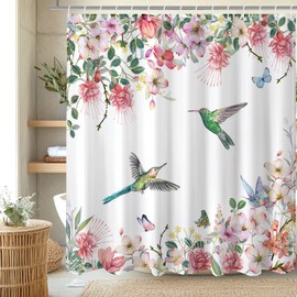 Spring Floral Shower Curtain for Bathroom, Hummingbird Shower Curtains with 12 Hooks Colorful Butterfly Flower Bird Shower Curtain for Spring Bathroom Decor, Waterproof 72 X 72 Inch