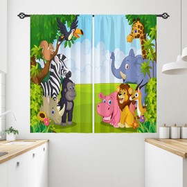 YUANZU Animal Curtains W28 x L48 Inch Rod Pocket Kids Jungle Safari Wildlife Zoo Elephant Giraffe Lion Print Pattern Privacy Fabric Window Drapes for Boys Bedroom Nursery Baby Playroom 2 Panels