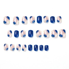 Square False Nails Short - 24Pcs Blue Daisy Flower Press on Nails - Dark Blue White Floral False Nail with Glue - Coffin Glossy Full Cover Nail Sticker Acrylic Stick on Nails for Women Nail Art Summer