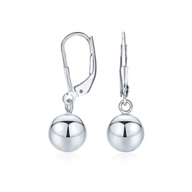 Simple Basic Dangling Lever back Round Bead Ball Drop Earrings For Women .925 Sterling Silver 8MM
