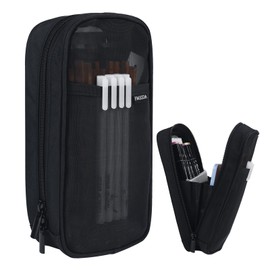 Fmeida Grid Mesh Pencil Case - Upgraded 4 Compartment Pencil Pouch, Clear Adult Pencil Bag Aesthetic Marker Pouch Stationary Bag Office Organizer for College Business Travel - Black