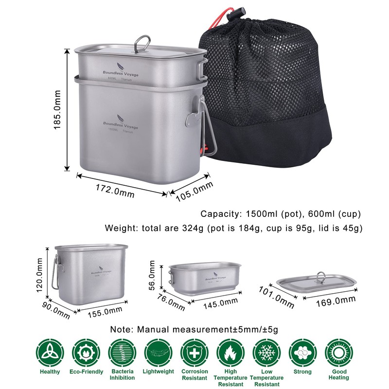 Boundless Voyage Titanium Hanging Pot Cup Cooking Set with Lid