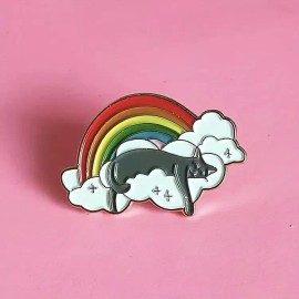 Kitty On A Rainbow Cloud Enamel Pin - Black Cat Resting - Subtle Pride