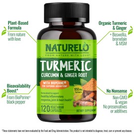 NATURELO Turmeric Curcumin - BioPerine for Better Absorption - Black Pepper, Ginger Root, Curcuminoids - Plant-Based Joint Discomfort Support - 120 Vegan Capsules