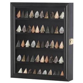 Arrowhead Display Case Native American Shadow Box Wall Mount Collection Cabinet with UV Protection for Agate Opal Stone Arrowheads Spear Points (Black Finish)