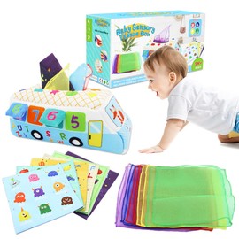 Baby Tissue Box Toy for 6-12 Months, Soft Baby Sensory Toy Magic Tissue Box Bus Shape Montessori Toys with Crinkle Tissue Papers Colourful Scarves Early Learning Toy for Toddler Infants Gifts