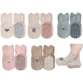 5 Pairs Toddler Non Slip Socks, Cute Baby Socks with Grips Crew Socks（M）