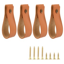 Cosmos 4 Pcs Leather Wall Hooks Wall Mounted Rod Hanger Hanging Strap Leather Curtain Rod Holder Leather Drawer Pulls Hook Strap with Screws for Towel Curtain Kitchen Utensils Rod