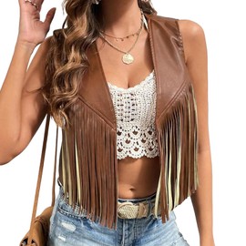 LYSINK Womens Leather Fringe Vest Western Cowgirl Sleeveless Open Front Tassel Jacket 70s Hippie Outerwear (01Brown, 2XL)