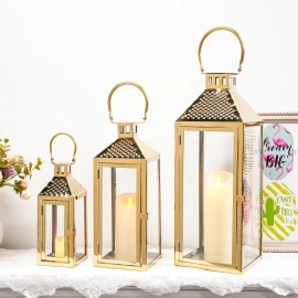 Set of 3 Luxury Wedding Lantern Set Hanging Stainless Steel Lantern Square Glass Candle Lantern With Handlecolor: Gold, size: Set of 3