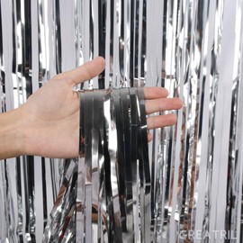 Silver Streamers Metallic Party Backdrop - GREATRIL Foil Fringe Tinsel Curtain for Birthdays/Prom/New Years/Graduations/Photo Booth, 8.2ft x 3.2ft - Pack of 2