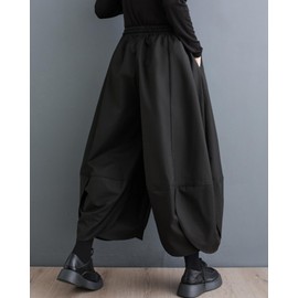 ellazhu Women's Puffy Drawstring Elastic Waist Drop Crotch Hakama Harem Wide Leg Pants GZ81 Black L