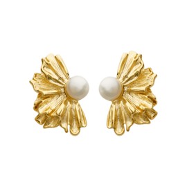 VAEUANG Gold Flower White Pearl Earrings 14K Gold Plated Solid Stud Earrings for Women Sectored Geometric Ear Rings, 925 Sterling Silver Post Hypoallergenic Earrings